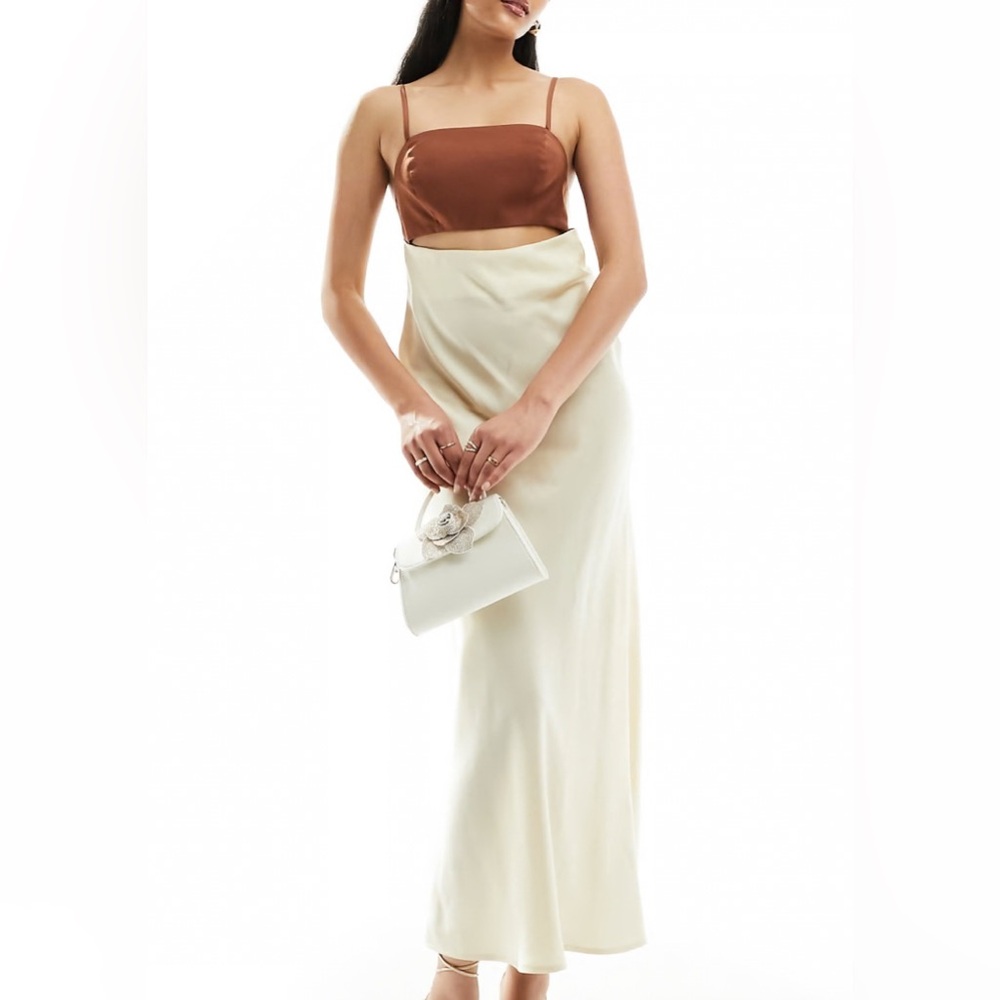 ASOS DESIGN satin color block midaxi dress with cut out in chocolate